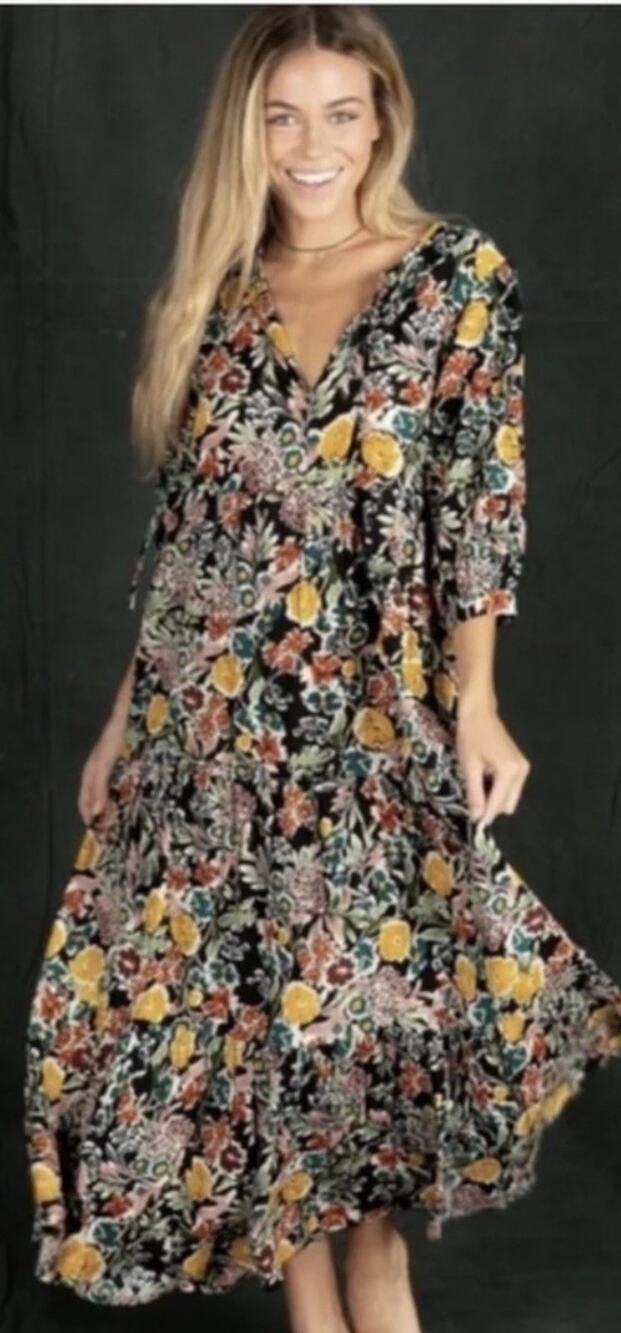 Natural Life Black Floral A-Line Midi Dress V-Neck Tie 3/4 Sleeve Boho Sz L/XL